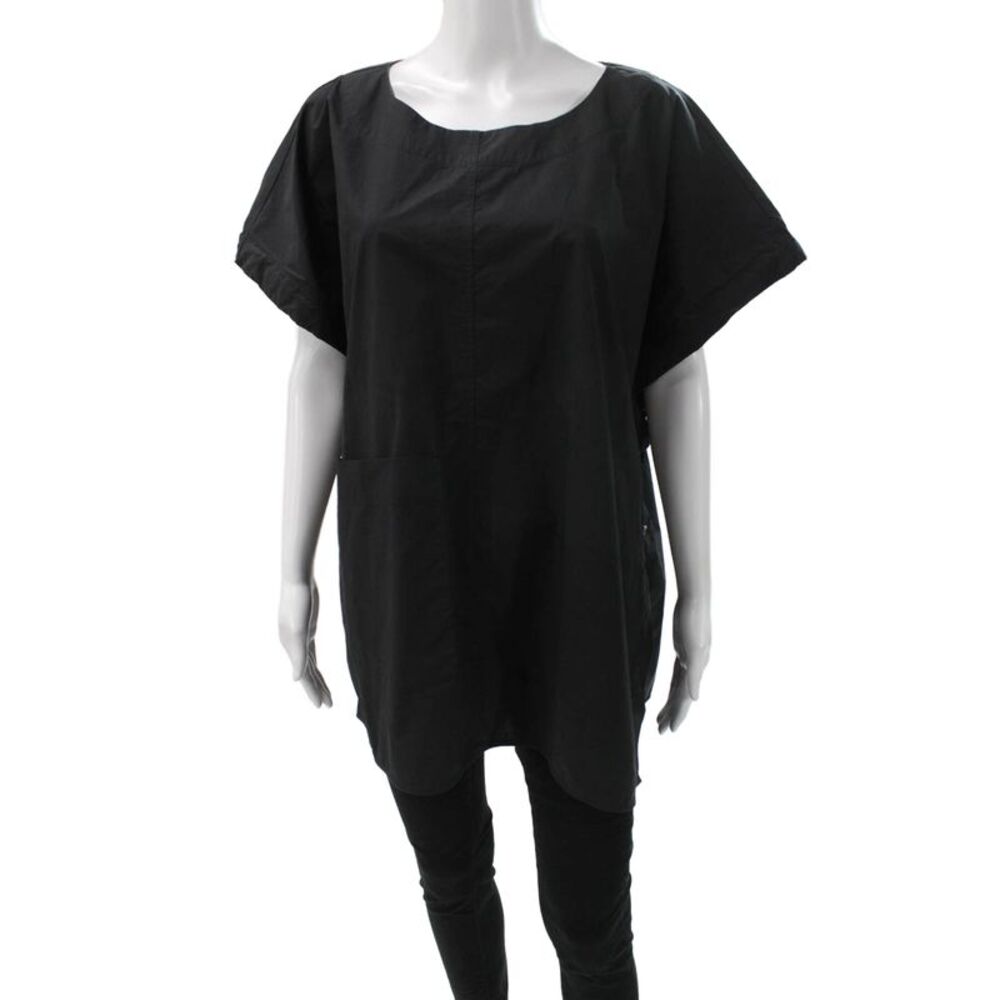 Meimeij Women Tunic Blouse Black Boat Neck Short Sleeve Cotton Size 46